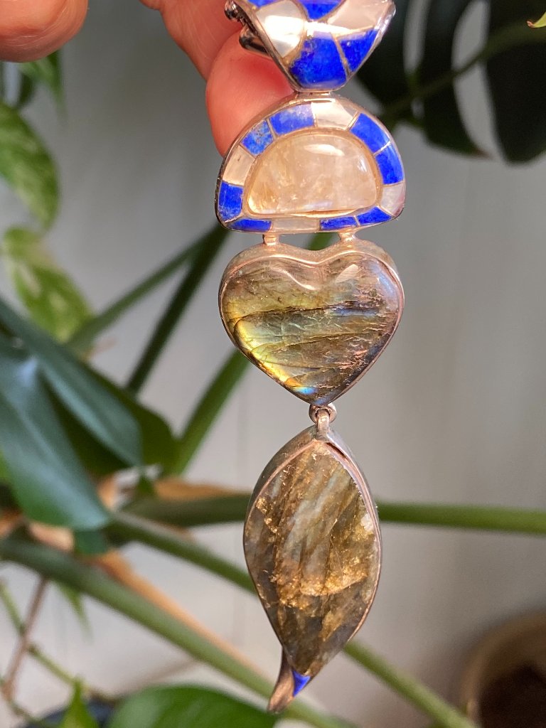 Labradorite & Moonstone Pendant Inlaid With Lapis Lazuli